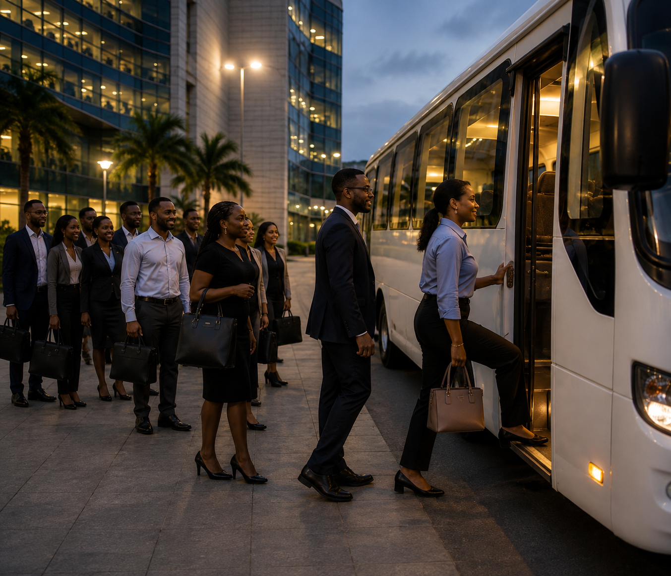 Employees boarding an Xpress staff shuttle at dusk