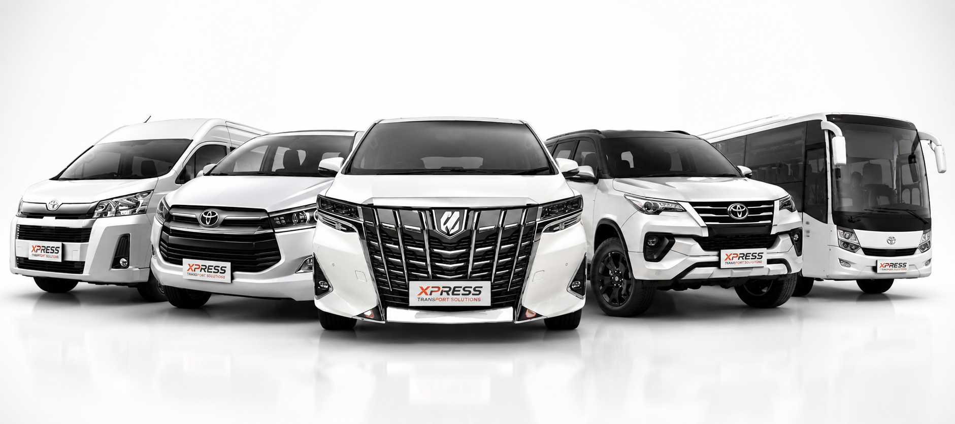 Xpress Transport Solutions fleet of executive vehicles at golden hour in Accra