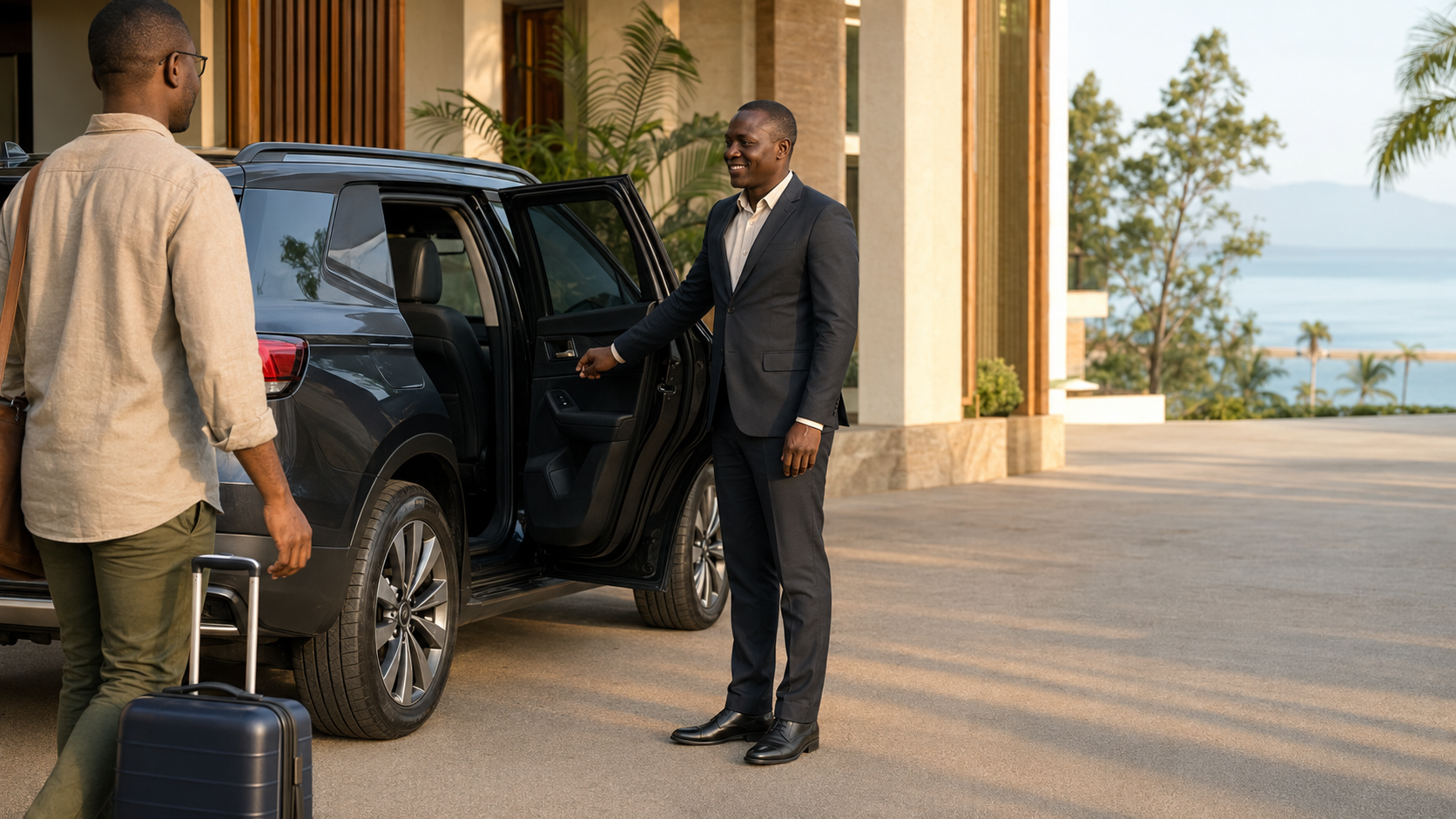 A professional Xpress chauffeur beside an executive sedan