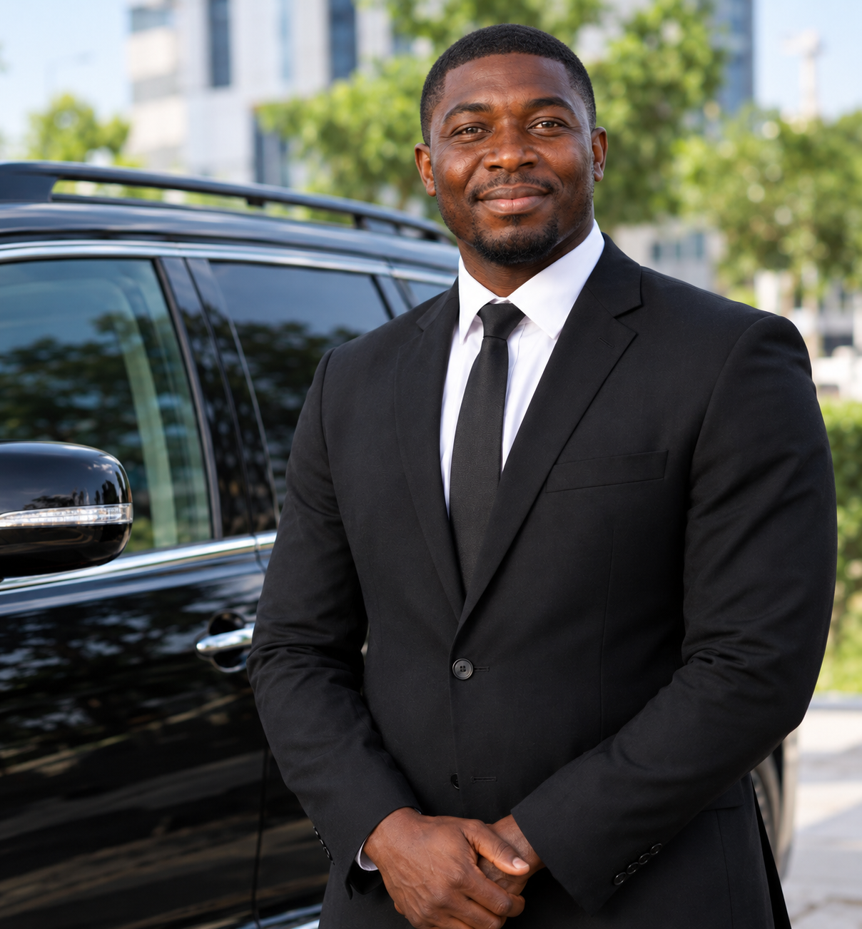 A Xpress Transport Solutions driver standing beside an executive vehicle